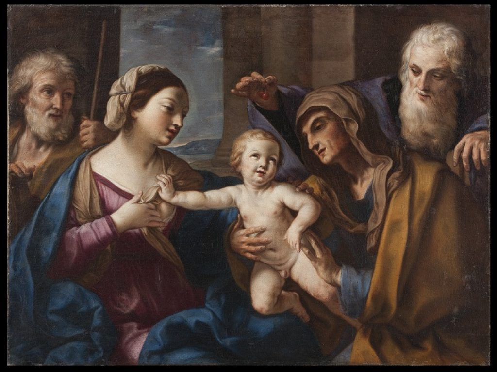 Elisabetta Sirani (Bologna, 1638-1665). Sacra Famiglia con Sant’Anna e San Gioacchino (Sacra Famiglia delle ciliegie), 1662 circa. Olio su tela. Milano, Collezione privata