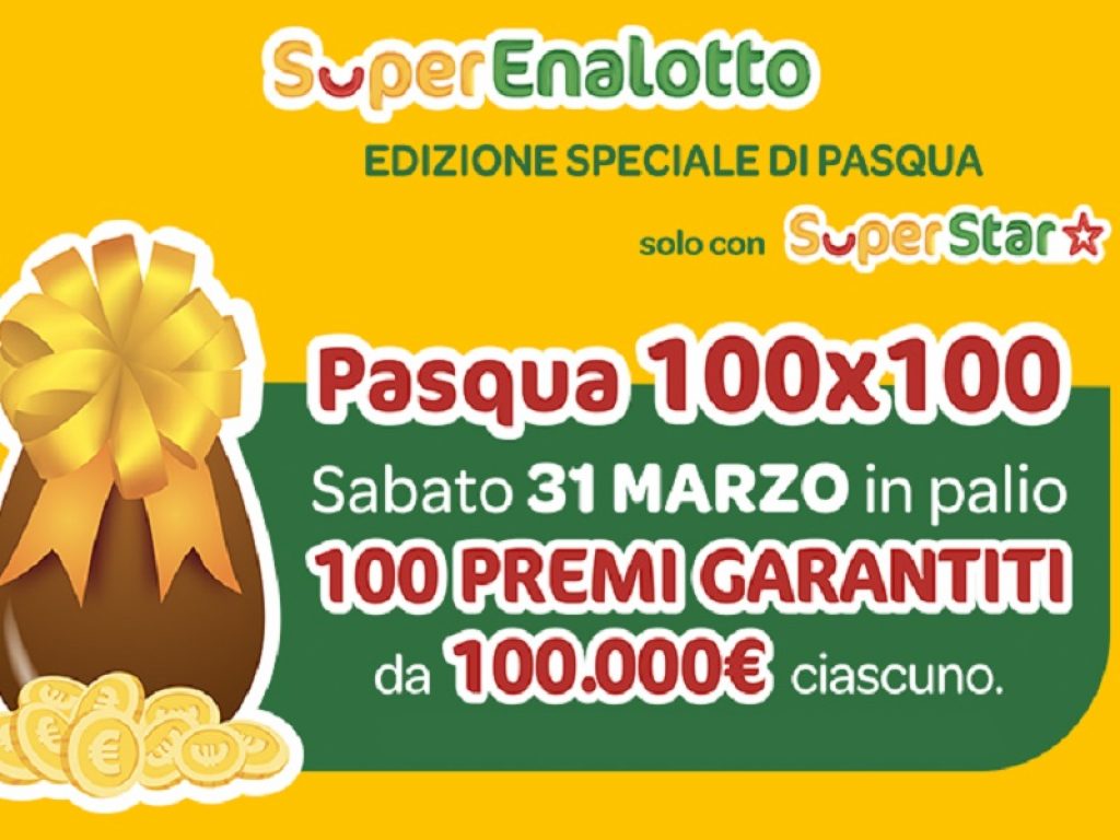 Nell'uovo di Pasqua del Superenalotto 100 premi da centomila euro per i fortunati in possesso dei 100 codici vincenti estratti con Pasqua 100X100. Scopri nella tabella i 100 codici vincenti che danno diritto ai premi da 100.000€.