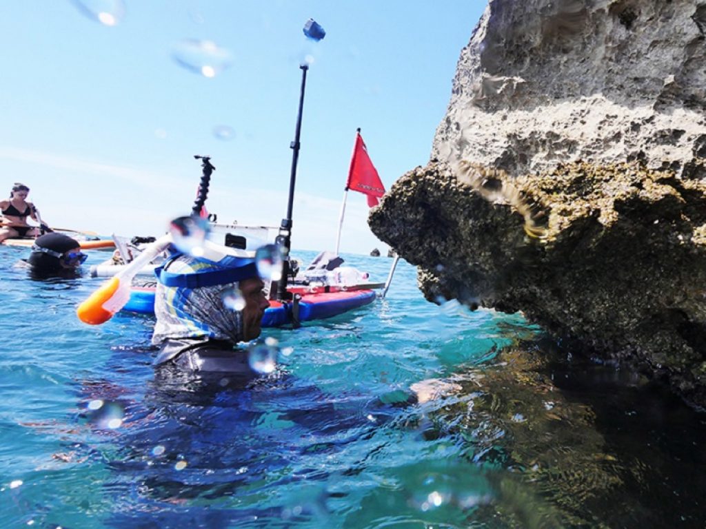 Dall'Argentario riparte il progetto Geoswim che vede i ricercatori operare in acqua con maschera e pinne spingendo a nuoto un piccolo laboratorio galleggiante