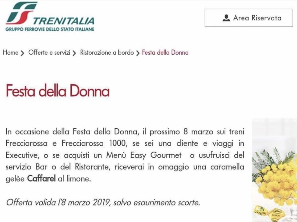 Vuole regalare una caramella al limone alle proprie clienti che viaggiano in Executive: Trenitalia nella bufera per la campagna diffusa per la Festa della donna