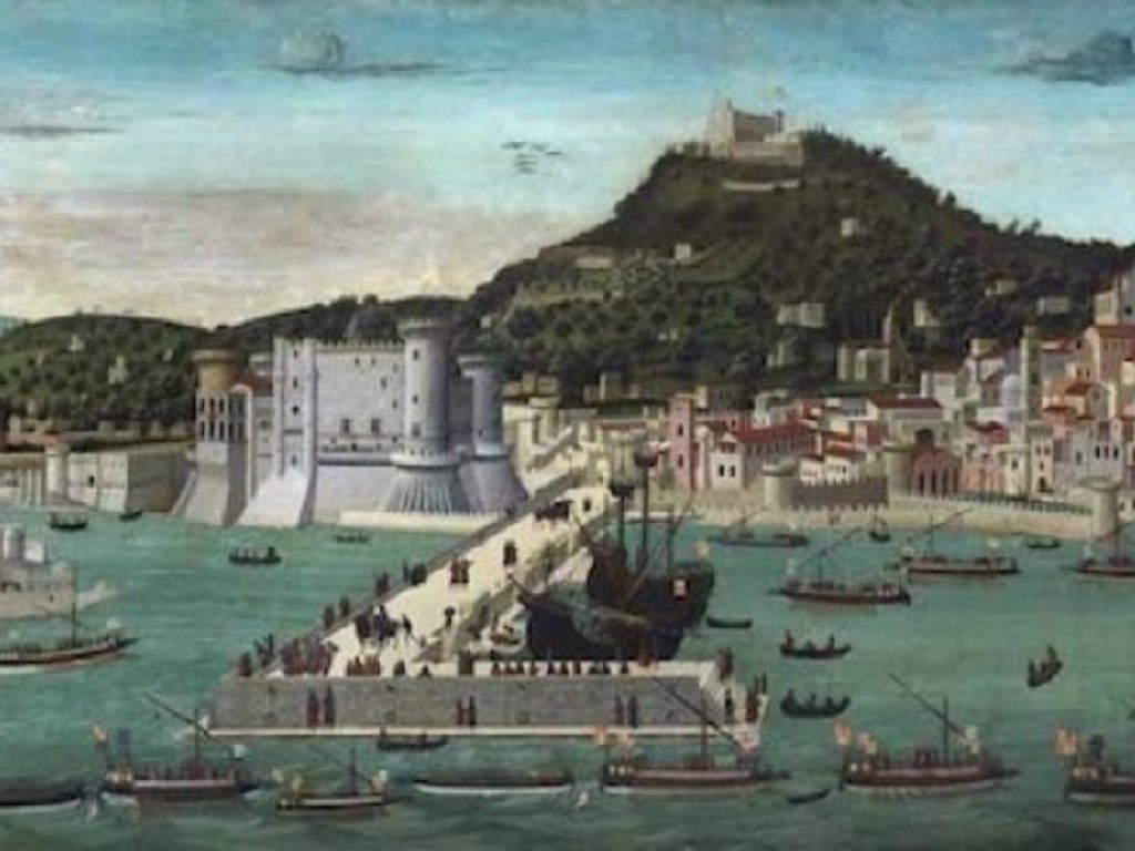Francesco Pagano (attr.) Tavola Strozzi (Veduta della città di Napoli con il ritorno della flotta aragonese dopo la battaglia di Ischia). Tempera su tavola. cm 82 x 245. Napoli Museo di San Martino