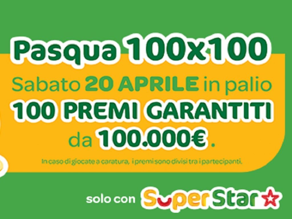 Pasqua 100x100 è l’estrazione speciale di SuperEnalotto SuperStar che mette in palio, con i codici vincenti, 100 premi garantiti da 100.000€