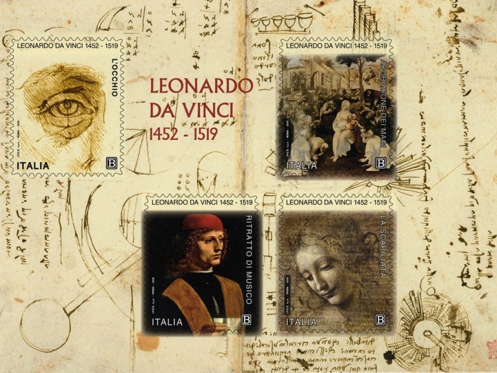 Il Ministero dello Sviluppo emette oggi quattro francobolli commemorativi di Leonardo da Vinci, nel V centenario della scomparsa