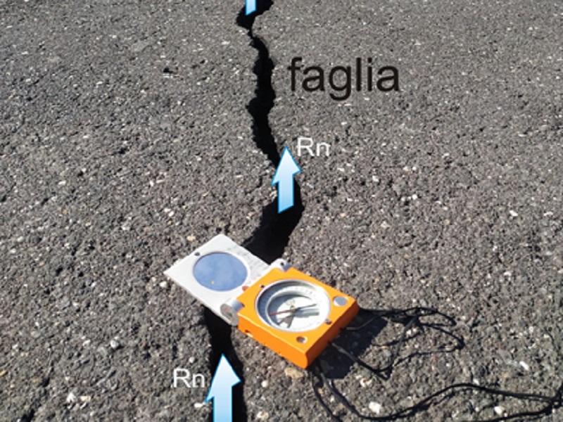 Fratturazione del suolo (fagliazione co-sismica) formatasi nel corso del terremoto del 26 dicembre 2018 a Fleri, nel territorio di Zafferana Etnea (CT). Le frecce azzurre schematizzano il comportamento del radon (Rn), che dal sottosuolo risale più facilmente in superficie attraverso le fratture delle rocce.