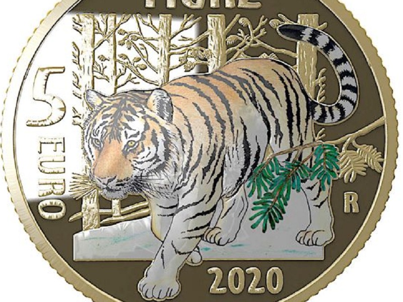 Una tigre fosforescente rappresentata sulla nuova moneta da 5 euro della Zecca dello Stato che sarà disponibile nel corso del 2020