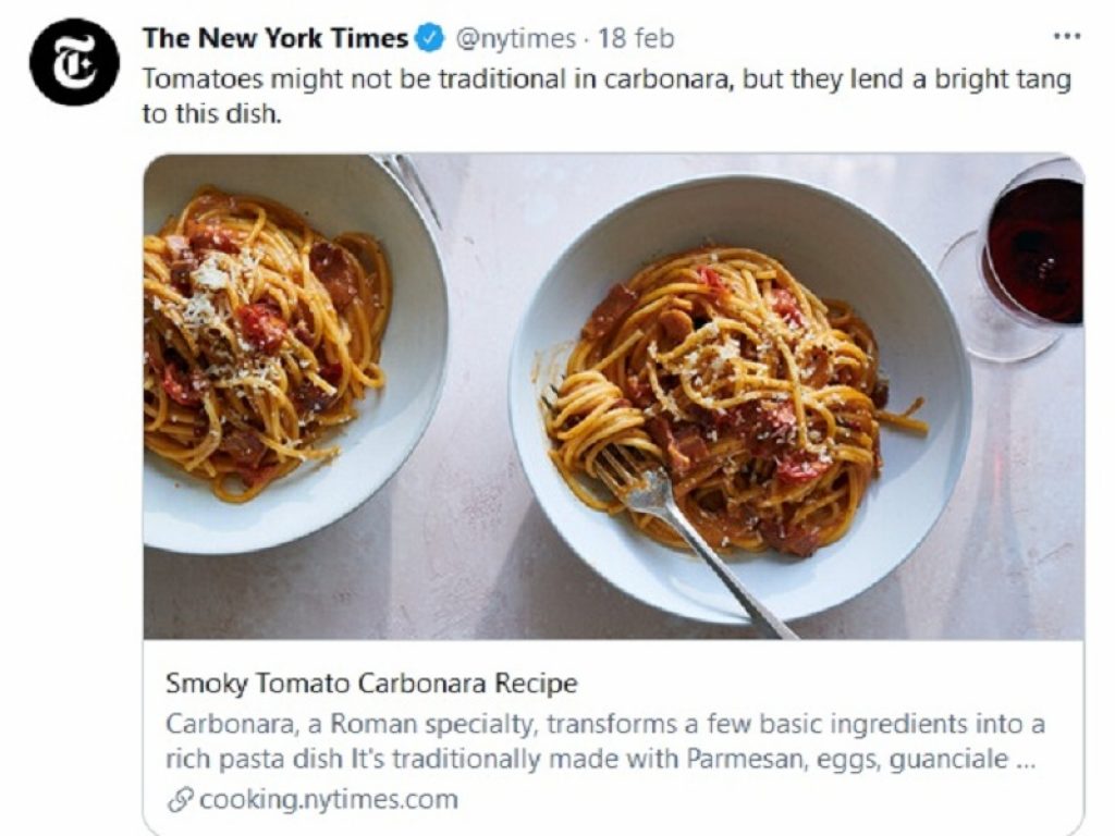 Italiani inorriditi dalla carbonara al pomodoro USA