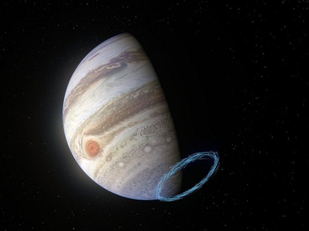 Rappresentazione artistica dei venti stratosferici nei dintorni del polo sud di Giove
