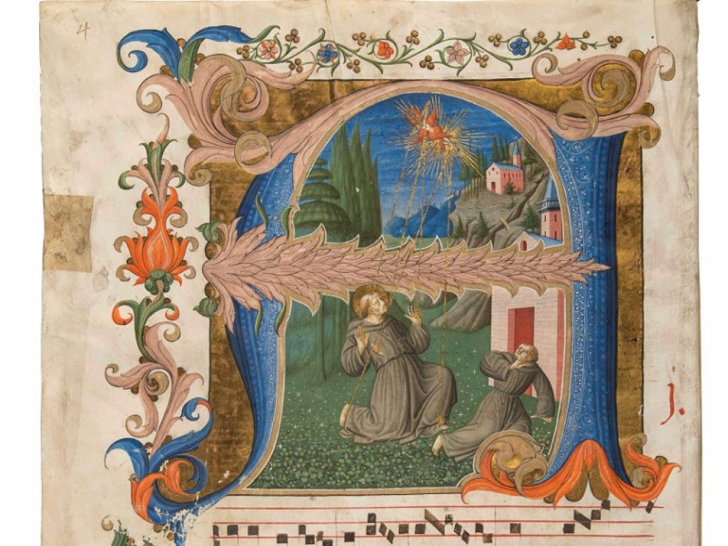 Particolare. Battista di Niccolò da Padova, iniziale A con San Francesco che riceve le stimmate. Antifonario ms.-584-c.-2v