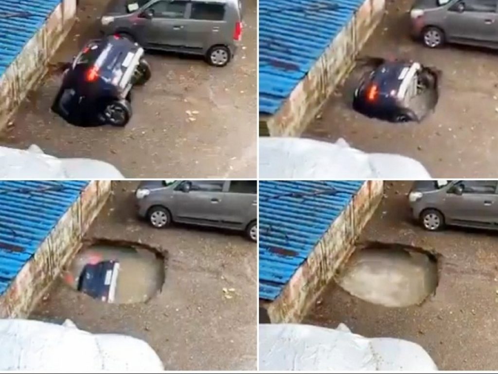 Il video dell'auto inghiottita da una voragine in India ha fatto il giro del mondo: sui social il filmato è diventato subito virale