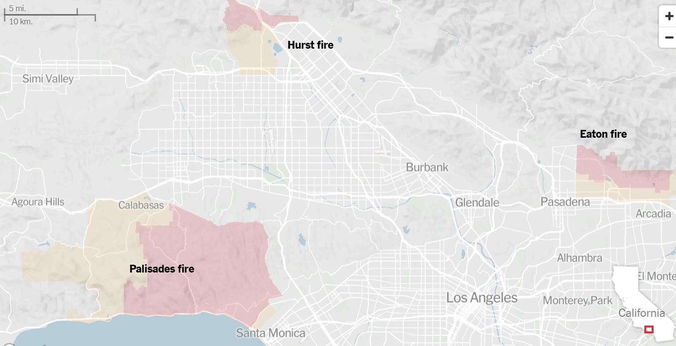 mappa incendi los angeles